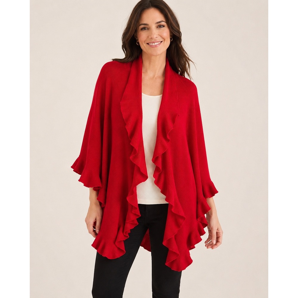 Coldwater Creek Red Ribbed Knit Wrap Ruffle Trim Open Front Cardigan NWT